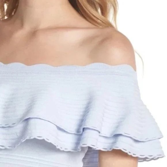 Knit Light Blue Off the Shoulder Fit & Flare Dress - Picture 4 of 8